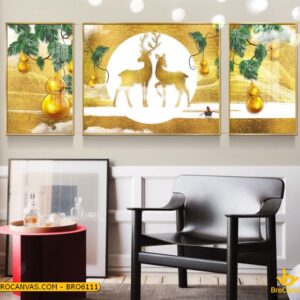 BRO6111 Tranh Treo Tường Phong Thủy Phúc Lộc 2 Chú Hươu Vàng & bình Hồ Lô