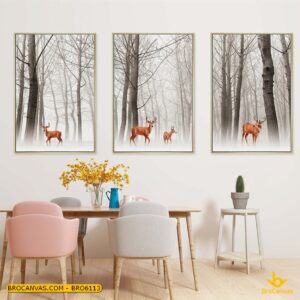BRO6113 Tranh Canvas Đàn Hươu Trong Rừng Thông Tuyết Trắng