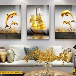 BRO6115 Tranh Treo Tường Phong Thủy Cá Voi Và Thuyền 3D Nhũ Vàng