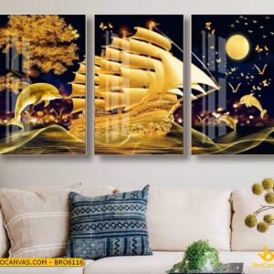 BRO6116 Tranh Thuận Buồm Xuôi Gió 3D Vàng Nhũ Đẹp In Canvas