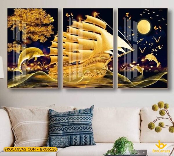 BRO6116 Tranh Thuận Buồm Xuôi Gió 3D Vàng Nhũ Đẹp In Canvas