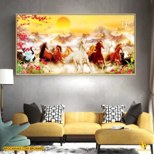 BRO6490 Tranh Mã Đáo Thành Công Treo Tường Cảnh Mặt Trời Và Cành Đào