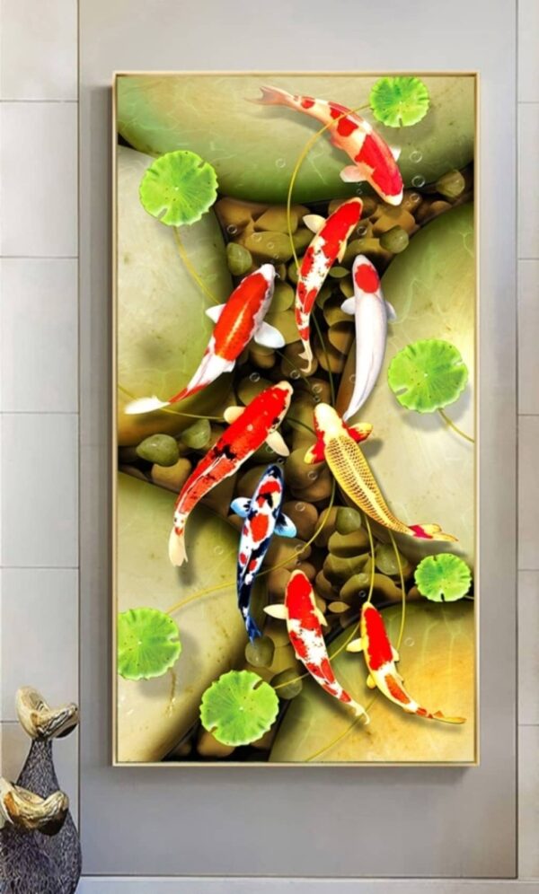 BRO5287 Tranh Canvas Cá Chép Dưới Hồ Sỏi Treo Tường Kiểu 3D