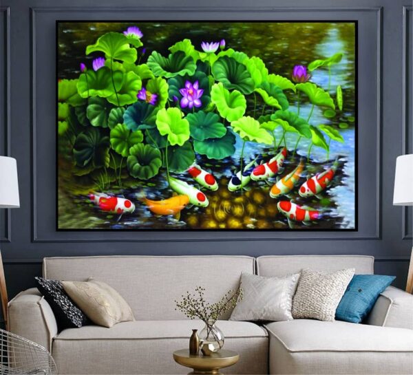 BRO5326 Tranh Cá Chép ; Hoa Sen Trong Đâm Sơn Dầu In Canvas