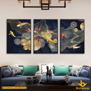 BRO5918 Tranh Phong Thủy Cửu Ngư Quần Hội Huyền Ảo Bên Làn Khói