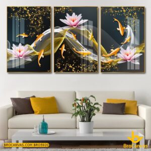 BRO5920 Tranh Phong Thủy Treo Tường Hoa Sen Và Cửu Ngư Quân Hội 3D
