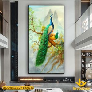 BRO5928 Tranh Cặp Chim Công Hạnh Phúc Đậu Trên Cành Cây Xanh