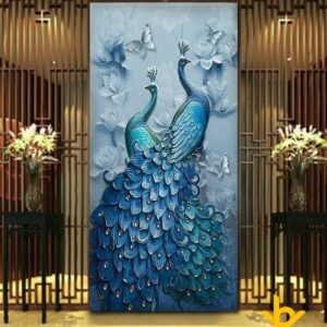 BRO5929 Tranh Đôi Chim Công Xanh Ngọc Và Đàn Bướm Xinh