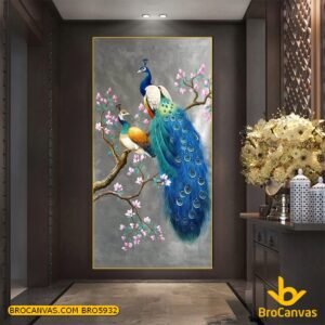 BRO5932 Tranh Phong Thủy Gia Đình Chim Công Xanh Trên Cành Cây Nghệ Thuật