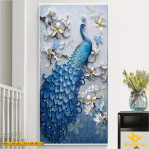 BRO5934 Tranh Phong Thủy Canvas Chim Công Xanh Trên Cành Hoa Sứ Trắng