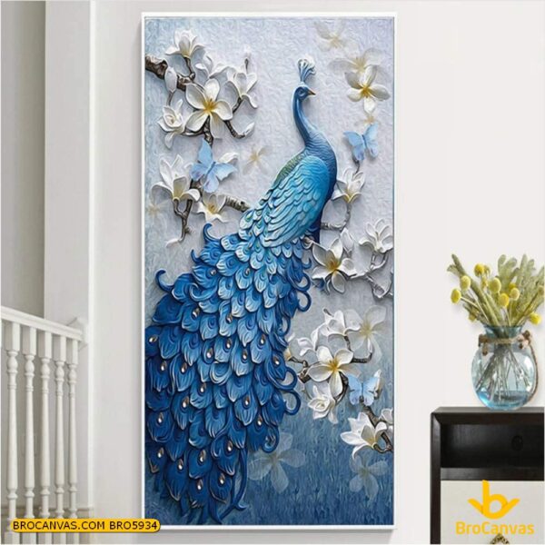 BRO5934 Tranh Phong Thủy Canvas Chim Công Xanh Trên Cành Hoa Sứ Trắng