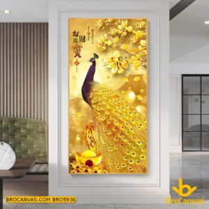 BRO5936 Tranh Treo Tường Chim Công Phú Quý Lộc Vàng 3D Phong Thủy