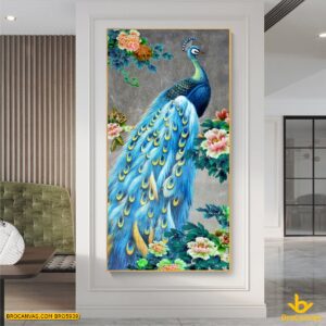 BRO5939 Tranh Canvas Treo Tường Chim Công Và Hoa Mẫu Đơn