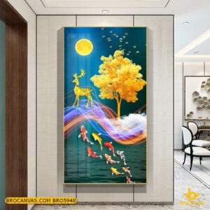 BRO5948 Tranh Cửu Ngư Quần Hội Và Chú Nai Trên Bầu Trời Đêm