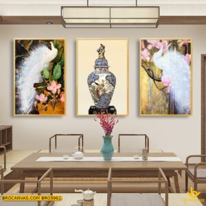 BRO5962 Tranh Cặp Chim Công Trắng Tinh Khôi Sơn Dầu