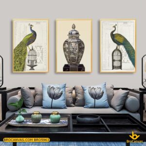 BRO5963 Tranh Đôi Chim Công Đậu Trên Lồng & Lục Bình Cổ