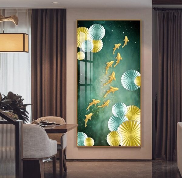 BRO6103 Tranh Phong Thủy Treo Tường Cửu Ngư Màu Vàng Nhũ Đẹp Mắt Nổi Bật