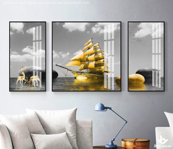 BROK3930 Tranh Thuyền Vàng Bên Bờ Biển
