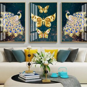 BROP5312 Tranh Chim Công Xòe Đuôi & 3 Cánh Bướm Vàng