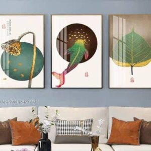 BROZ72221 Tranh Canvas Nghệ Thuật Búp Sen Cá Chép & Lá Bồ Đề