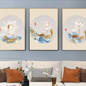 BROZ7329 Tranh Hoa Sen Nghệ Thuật Bên Đàn Cá Chép Phong Cách Trung Hoa