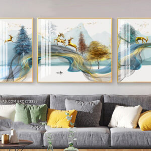 BROZ73355 Tranh Phong Cảnh Làn Khói Nghệ Thuật Và Những Chú Hươu