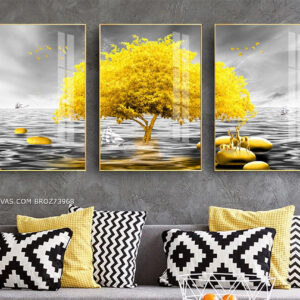 BROZ73968 Tranh Canvas Đàn Hươu Bên Cây Cổ Thụ Vàng