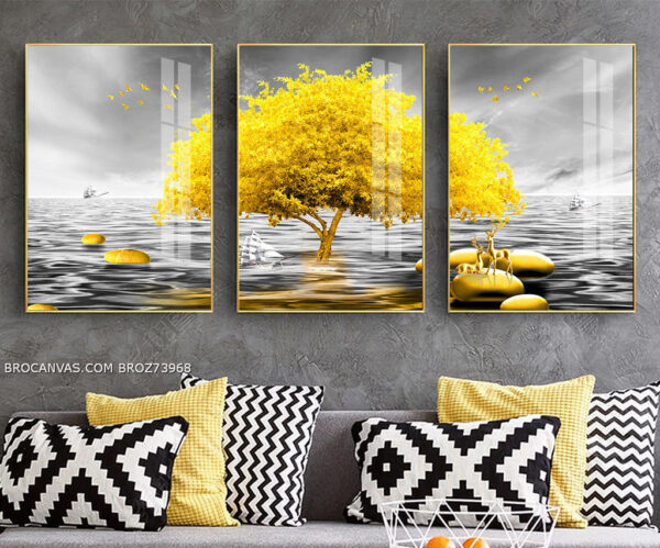 BROZ73968 Tranh Canvas Đàn Hươu Bên Cây Cổ Thụ Vàng