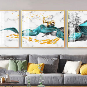 BROZ74260 Tranh Trang Trí Gia Đình Hươu Trên Tấm Vải Lụa Xanh Ngọc