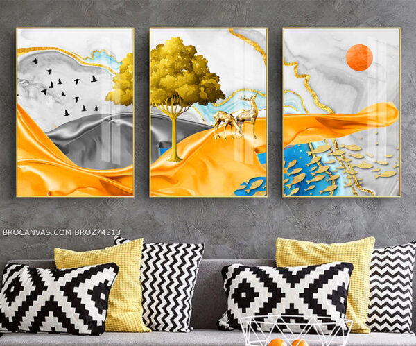 BROZ74313 Tranh Canvas 2 Chú Hươu Dươi Gốc Cây Ngắm Cảnh Bầu Trời