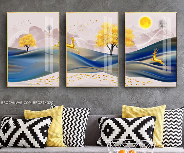 BROZ74320 Tranh Canvas 2 Chú Hươu Vàng Nghệ Thuật Đang Nhảy Múa