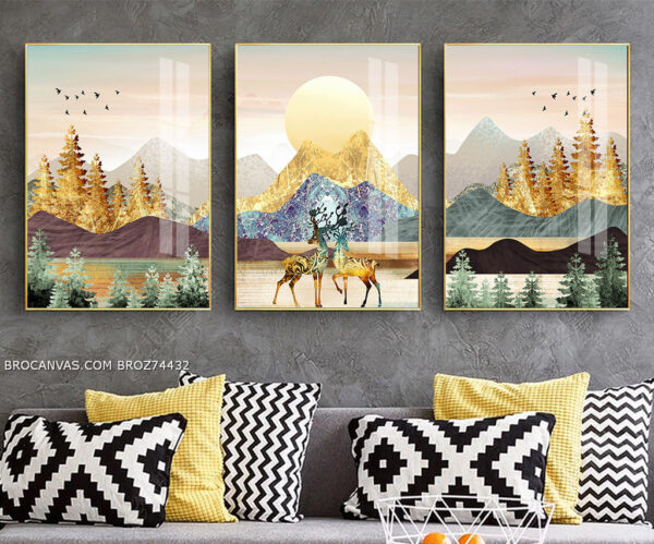 BROZ74432 Tranh Canvas 2 Chú Nai Trên Thảo Nguyên ; Mặt Trời
