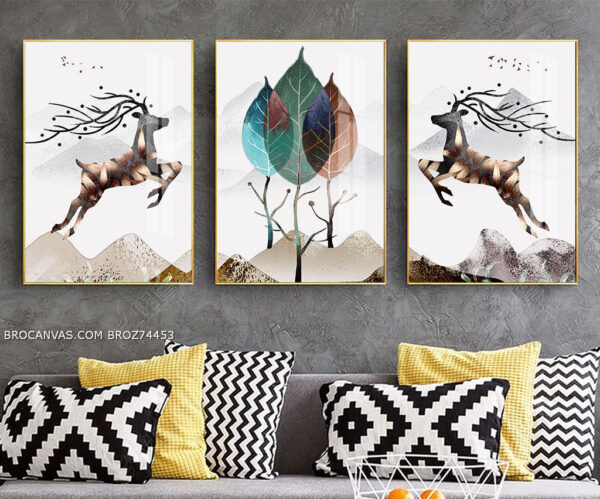 BROZ74453 Tranh Canvas 2 Chú Hươu Nghệ Thuật Và 3 Chiếc Lá