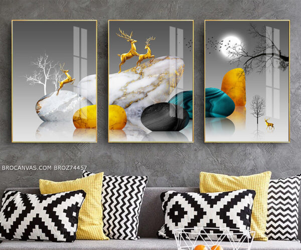BROZ74457 Tranh Canvas Những Chú Hươu Nhãy Múa Trên Tản Đá