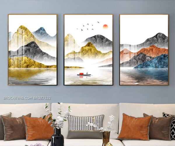 BROZ7522 Tranh Canvas Nghệ Thuật Mặt Trời Khuất Bóng Chống Đò Trên Sông