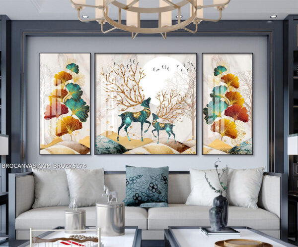 BROZ76274 Tranh Canvas Treo Tường 2 Chú Hươu Sừng Hoa Khoe Sắc