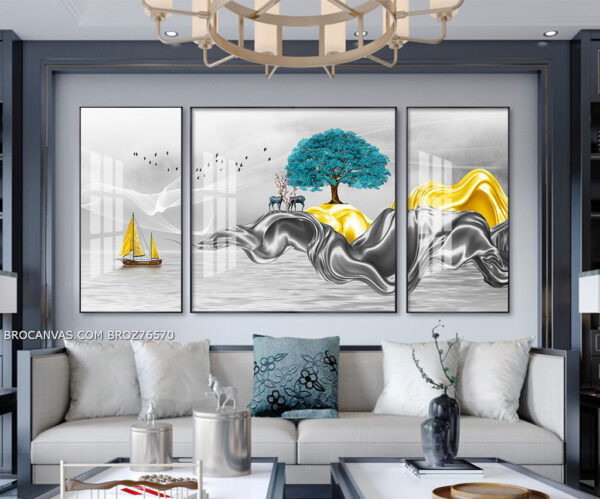 BROZ76570 Tranh Phong Cảnh Cây Xanh Và Chiếc thuyền