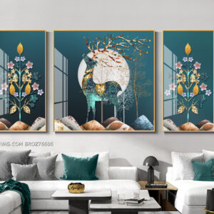 BROZ76686 Tranh Treo Tường Phong Thủy Chú Hươu Xanh Ngọc Cao Cấp In Canvas