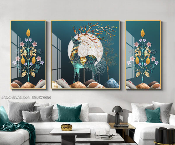 BROZ76686 Tranh Treo Tường Phong Thủy Chú Hươu Xanh Ngọc Cao Cấp In Canvas