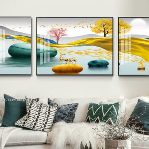 BROZ78773 Tranh Canvas Những Chú Nai Dưới BÓng Vải Lụa Vàng