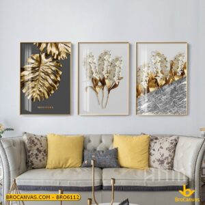 BRO6112 Tranh Lá Cây Nhiệt Đới Nhũ Vàng Cao Cấp In Canvas