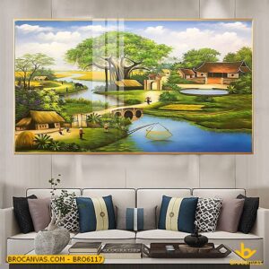 BRO6117 Tranh Phong Cảnh Làng Quê Đình Làng Con Sông