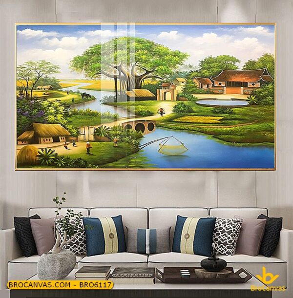 BRO6117 Tranh Phong Cảnh Làng Quê Đình Làng Con Sông