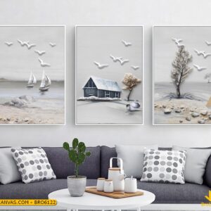 BRO6122 Tranh Phong Cảnh Ngôi Nhà Đoàn Thuyền Và Những Chú Chim Hải Âu