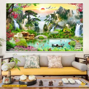 BRO6221 Tranh Sơn Thủy Hồ Thác Nước Con Sông Và Đàn Ngựa