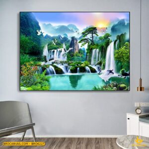 BRO6227 Tranh Sơn Thủy Phong Cách Đơn Giản Màu Xanh Mát
