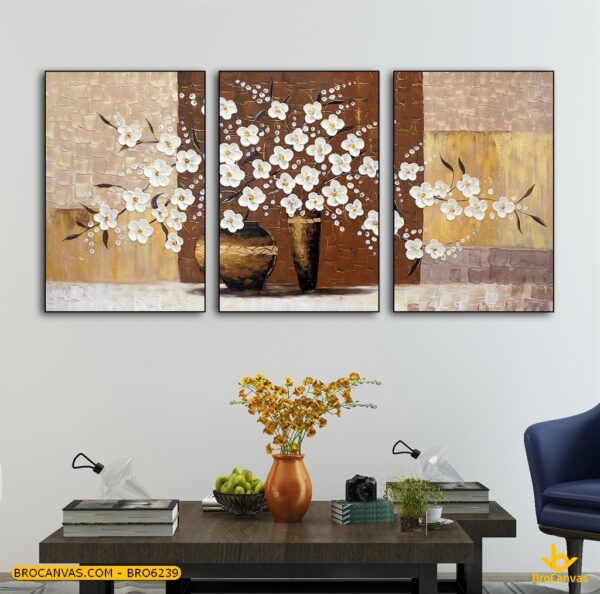 BRO6239 Tranh Bình Hoa Sứ Sơn Dầu In Canvas Treo Phòng Khách Phòng Ngủ