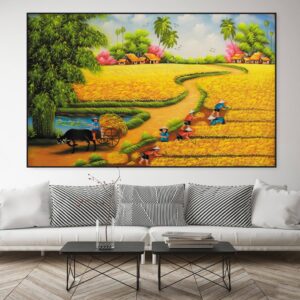 BRO6351 Tranh Phong Cảnh Làng Quê Mùa Gặt Lúa Sơn Dầu In Canvas