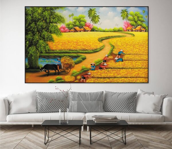BRO6351 Tranh Phong Cảnh Làng Quê Mùa Gặt Lúa Sơn Dầu In Canvas