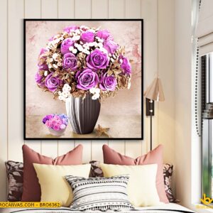 BRO6362 Tranh Treo Tường Bình Hoa Hồng Tím Sơn Dầu